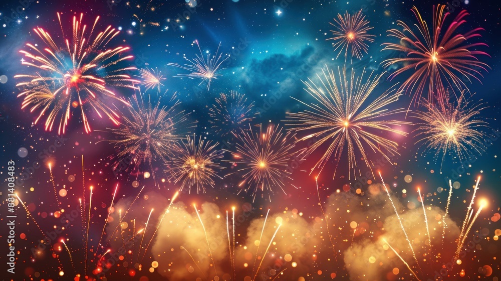 Naklejka premium A beautiful fireworks display over a serene lake with a stunning sunset backdrop in a forested landscape during a summer festival.