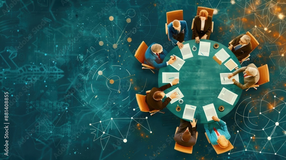 Naklejka premium Top view of a business meeting with professionals discussing documents around a round table, with a digital futuristic background.