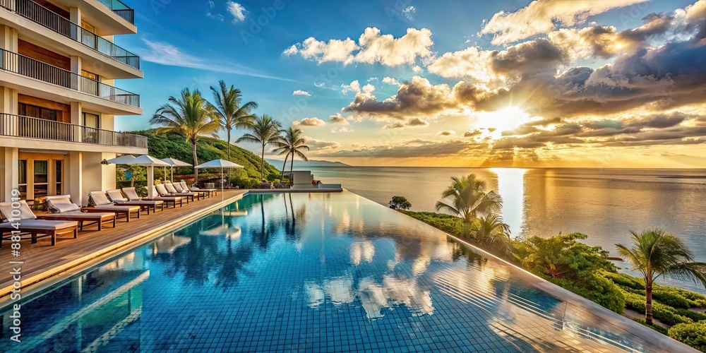 Fototapeta premium Luxury resort hotel with ocean views and infinity pool, luxury, resort, hotel, ocean, views, infinity pool
