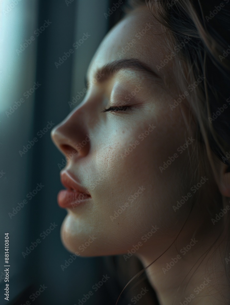 A close-up of a woman's face with her eyes closed, ideal for use in meditation or self-care imagery A close-up of a woman's face with her eyes closed, ideal for use in meditation or self-care imagery