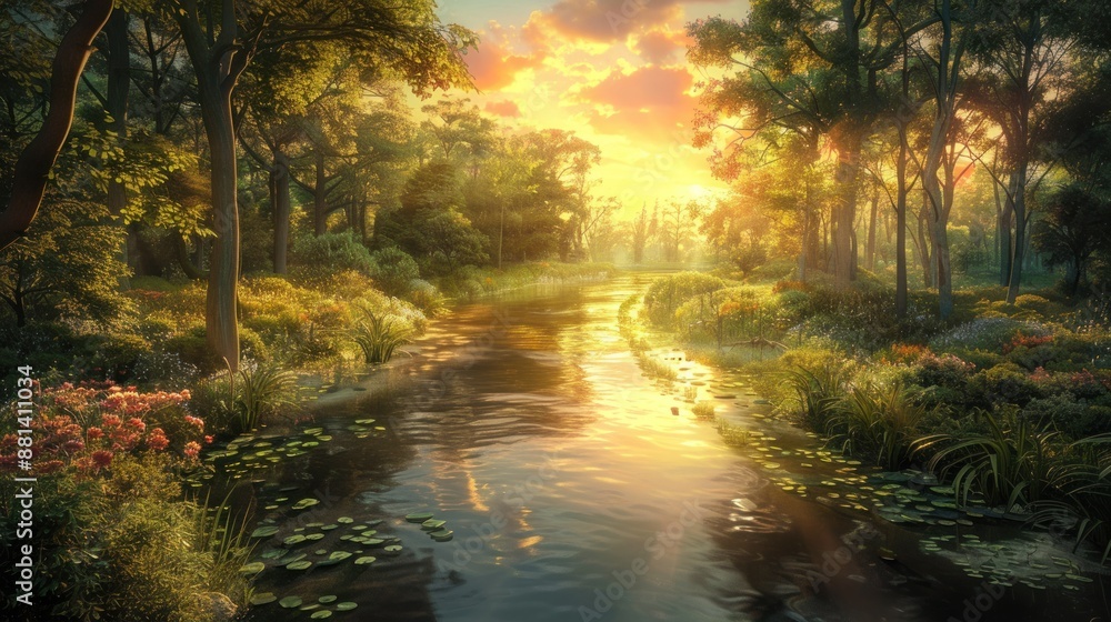 Golden Hour in a Forest River Golden Hour in a Forest River