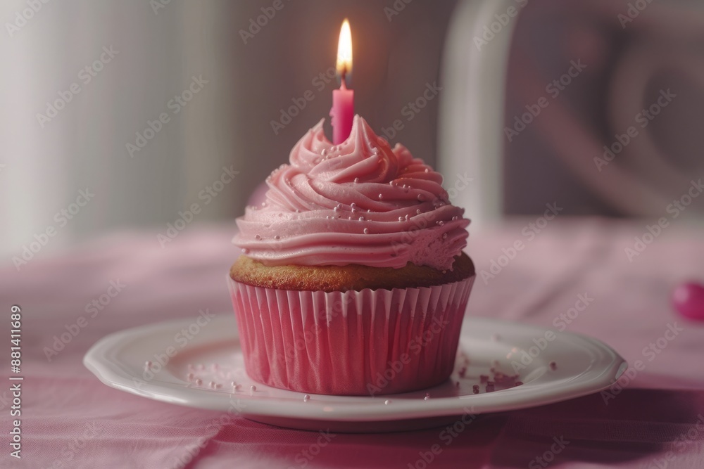 Celebrating Cupcakes: Pink frosting cake with a single candle, generative artificial intelligence Celebrating Cupcakes: Pink frosting cake with a single candle, generative artificial intelligence