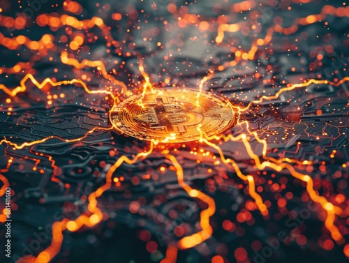 A bitcoin surrounded by flames and sparks, great for financial or technology related concepts photo