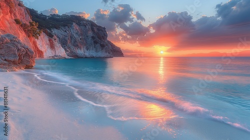 Fototapeta Naklejka Na Ścianę i Meble -  Serene Sunset at Fteri Beach, Kefalonia Island - Hidden Gem of Greece