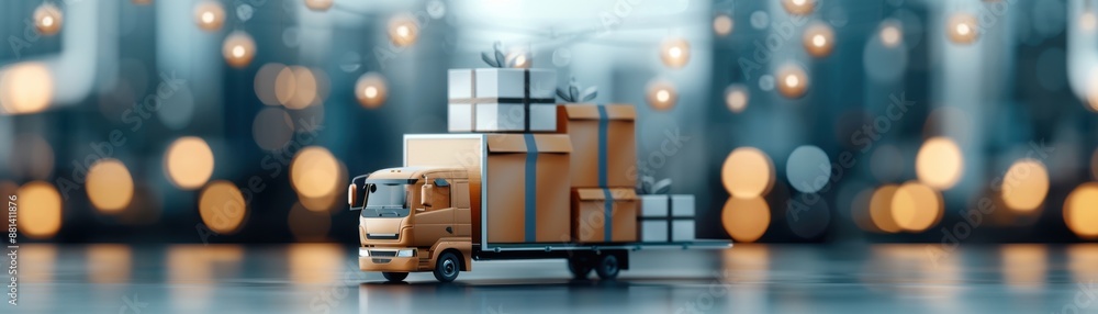 A miniature truck loaded with gift boxes, set against a blurry cityscape with glowing lights, symbolizing festive delivery and celebration. A miniature truck loaded with gift boxes, set against a blurry cityscape with glowing lights, symbolizing festive delivery and celebration.