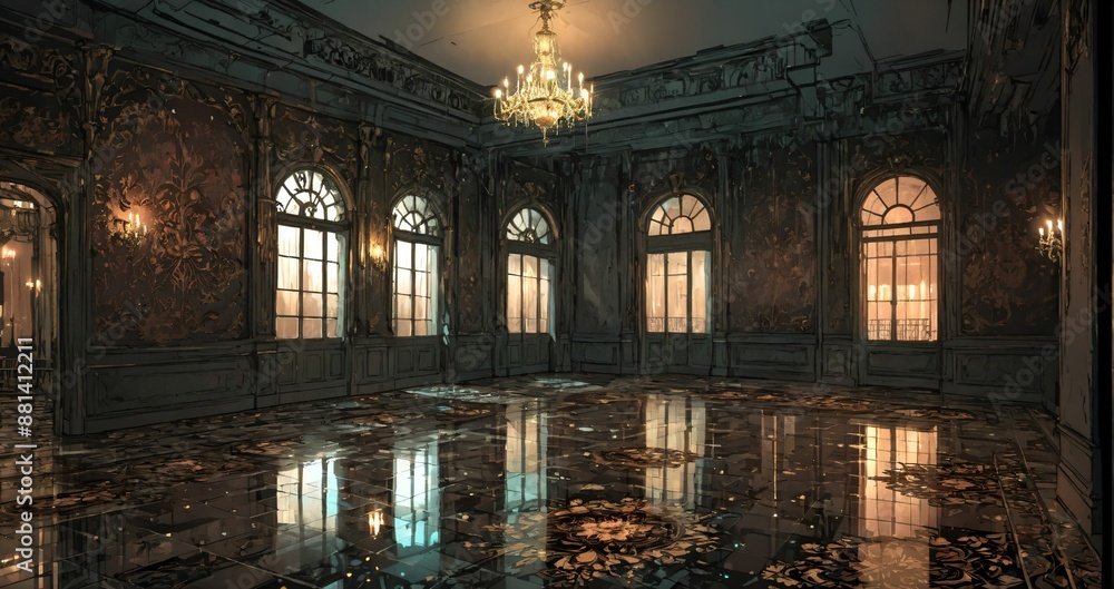 beautiful interior of palace house mansion entrance doorway with floral embellishments to balcony terrace and ballroom with tall art deco windows and art nuevo gothic design.