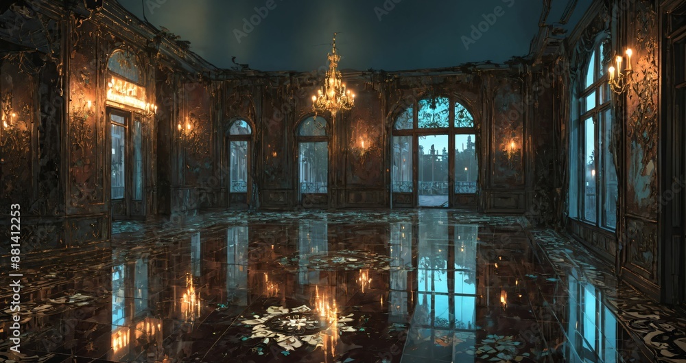 Fototapeta premium beautiful interior of palace house mansion entrance doorway with floral embellishments to balcony terrace and ballroom with tall art deco windows and art nuevo gothic design.