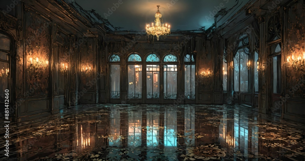 beautiful interior of palace house mansion entrance doorway with floral embellishments to balcony terrace and ballroom with tall art deco windows and art nuevo gothic design. beautiful interior of palace house mansion entrance doorway with floral embellishments to balcony terrace and ballroom with tall art deco windows and art nuevo gothic design.