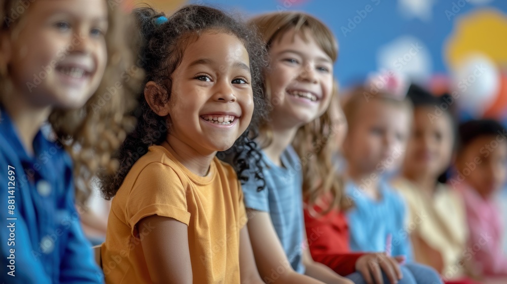 Group of children smiling and enjoying a classroom gathering, fostering a sense of joy and friendship. Group of children smiling and enjoying a classroom gathering, fostering a sense of joy and friendship.