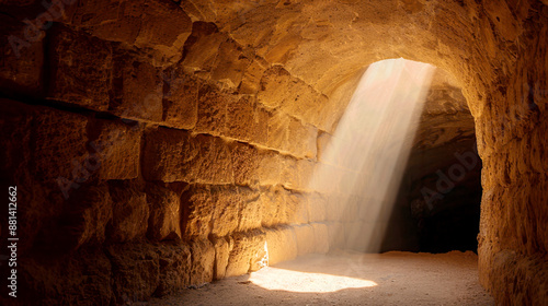 Wallpaper Mural An ancient stone archway with a beam of light shining through, illuminating the dark cave beyond, symbolizing discovery and exploration Torontodigital.ca