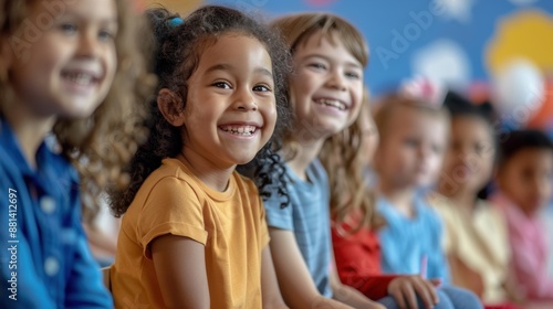 Group of children smiling and enjoying a classroom gathering, fostering a sense of joy and friendship.