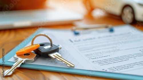 Wallpaper Mural Close-up of car keys and rental agreement on a clipboard, illustrating the concept of car rental or vehicle leasing service. Torontodigital.ca