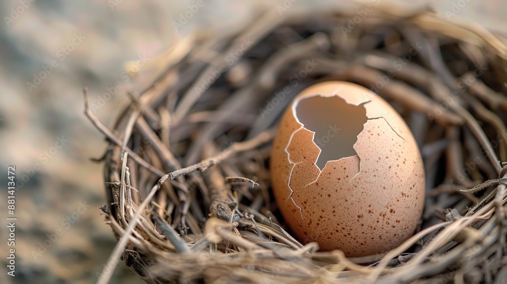 Obraz premium A close-up of a cracked bird s egg in a dry nest, representing the threat to wildlife reproduction caused by global warming, climate change, biodiversity crisis