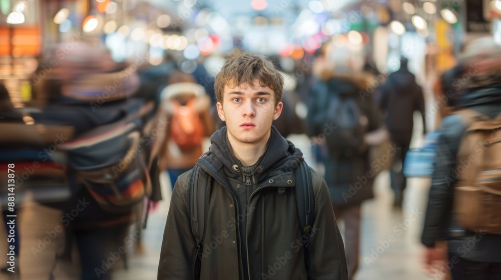 Young man standing still amidst a bustling crowd, capturing a moment of stillness and contemplation in the city. Young man standing still amidst a bustling crowd, capturing a moment of stillness and contemplation in the city.