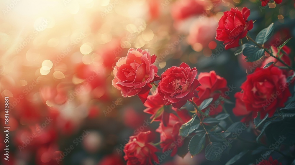 Beautiful red roses in bloom, bathed in soft morning light with bokeh effect, creating a romantic and serene scene. Beautiful red roses in bloom, bathed in soft morning light with bokeh effect, creating a romantic and serene scene.