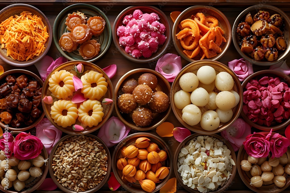 Assorted Indian sweets and snacks in bowls with petals on a wooden tray. Top view food photography. Traditional Indian festival and celebration concept Assorted Indian sweets and snacks in bowls with petals on a wooden tray. Top view food photography. Traditional Indian festival and celebration concept