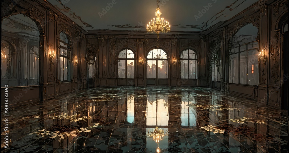 Fototapeta premium beautiful interior of palace house mansion entrance doorway with floral embellishments to balcony terrace and ballroom with tall art deco windows and art nuevo gothic design.