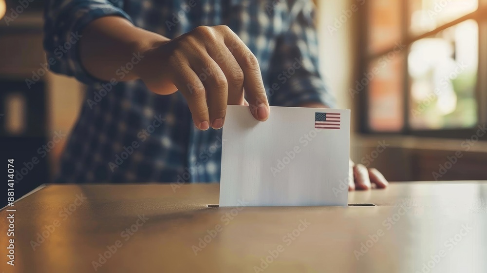 A close-up of a hand casting a vote in the USA election, symbolizing democracy and the importance of every vote. A close-up of a hand casting a vote in the USA election, symbolizing democracy and the importance of every vote.