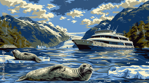 Alaskan landscape with seals and cruise ship, icy waters, majestic mountains, detailed illustration, high-quality print, nature scene, marine wildlife, scenic adventure, decorative art, outdoor theme