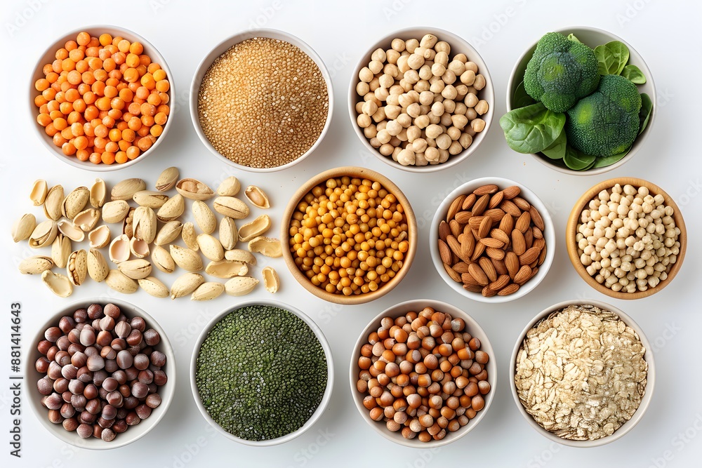 Assorted nuts, seeds, and grains in bowls on a white background. Top view food photography. Healthy eating and nutrition concept Assorted nuts, seeds, and grains in bowls on a white background. Top view food photography. Healthy eating and nutrition concept