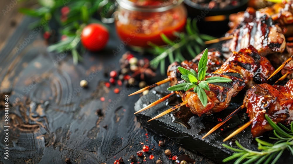 Delicious grilled chicken skewers garnished with fresh herbs and spices, perfect for a summer barbecue or outdoor dining. Delicious grilled chicken skewers garnished with fresh herbs and spices, perfect for a summer barbecue or outdoor dining.