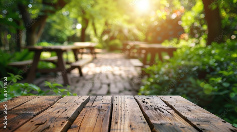 A tranquil outdoor picnic area with wooden tables and benches, surrounded by lush greenery and bathed in sunlight. A tranquil outdoor picnic area with wooden tables and benches, surrounded by lush greenery and bathed in sunlight.