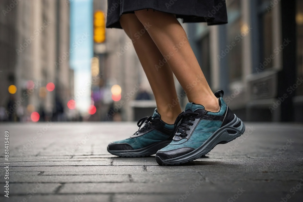 a pair of comfortable walking shoes on a city sidewalk with blurred urban buildings in the background. a pair of comfortable walking shoes on a city sidewalk with blurred urban buildings in the background.