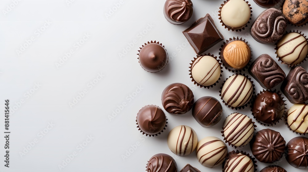 Assorted chocolate truffles and pralines on a white background with copy space. Top view food photography. Gourmet chocolate and confectionery concept for design Assorted chocolate truffles and pralines on a white background with copy space. Top view food photography. Gourmet chocolate and confectionery concept for design