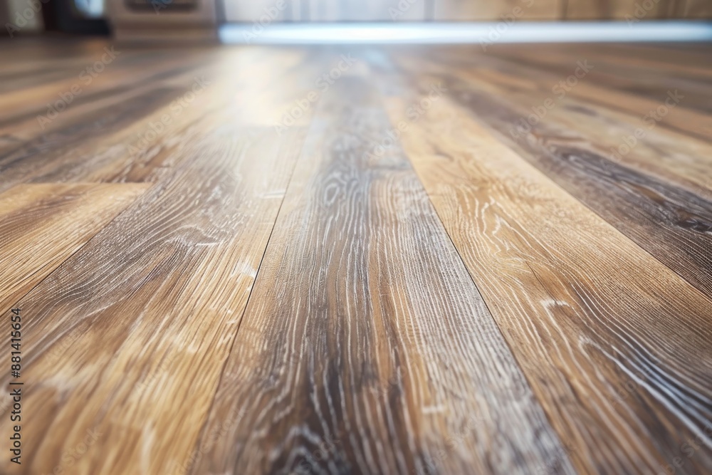 Close-up view of a newly installed wooden laminate flooring with detailed floorboards.