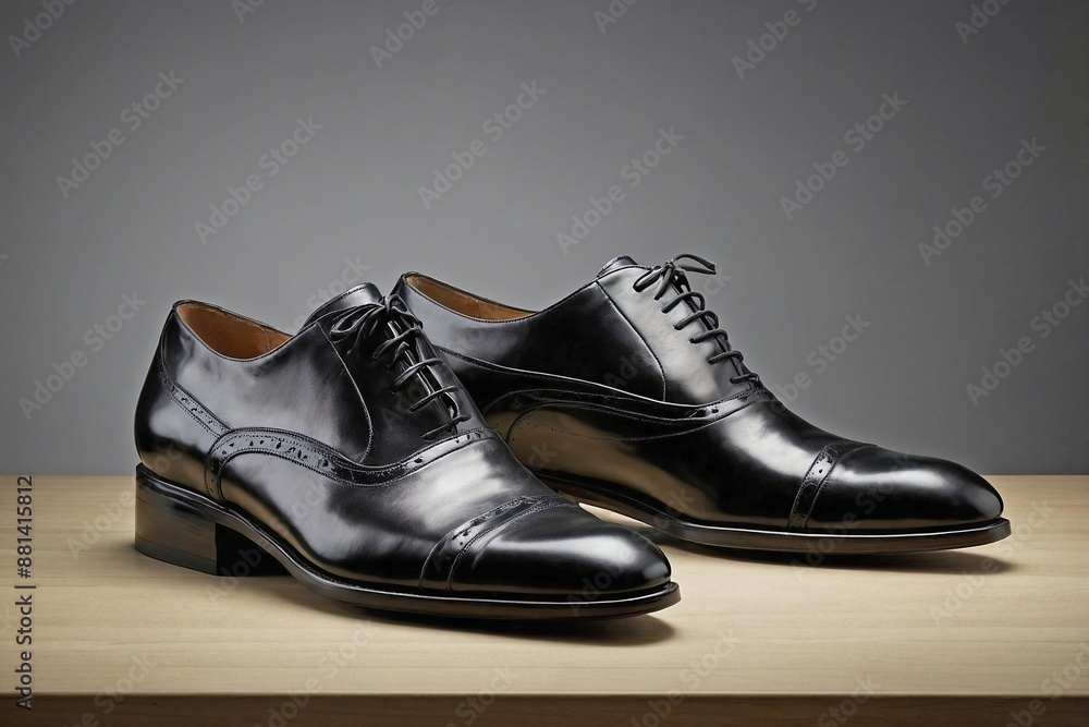 a pair of black Oxfords on a polished wooden surface with a plain white or light gray background. a pair of black Oxfords on a polished wooden surface with a plain white or light gray background.