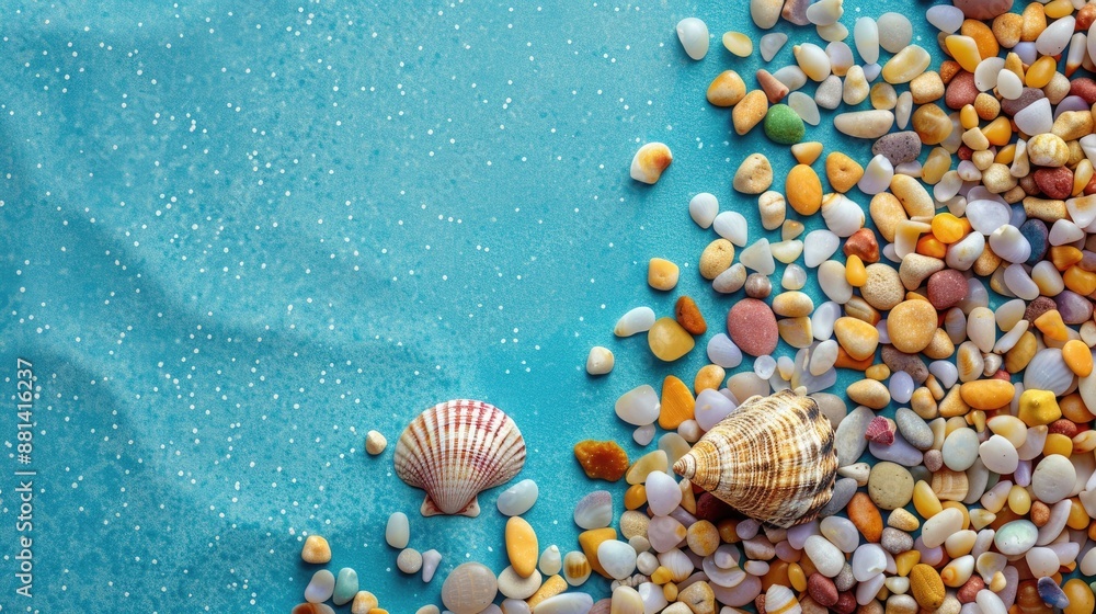 Fototapeta premium Template with seashell on colorful pebbles against blue backdrop for summer message