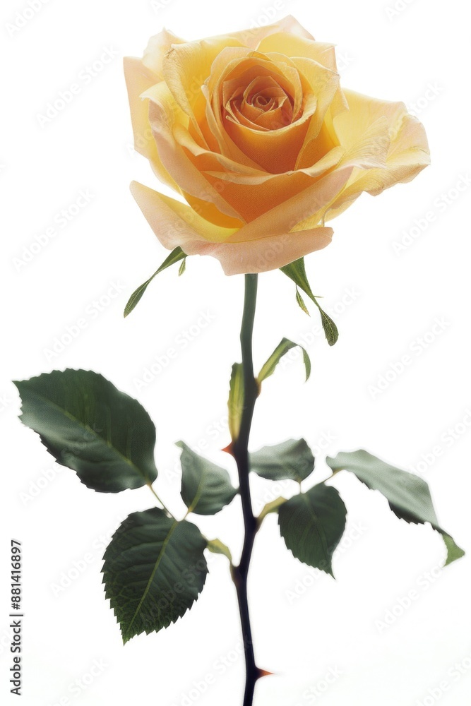 Fototapeta premium A bright yellow rose sits in a vase surrounded by green leaves, a simple yet elegant floral arrangement