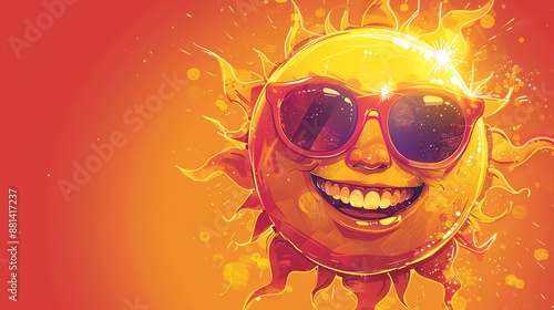 A vibrant illustration of a smiling sun wearing sunglasses, radiating joy and warmth against a bright orange background.