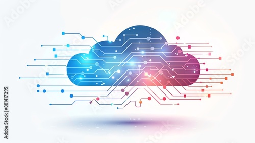 Abstract digital cloud technology concept with circuit board design on white background, representing data storage, online computing, and connectivity. photo