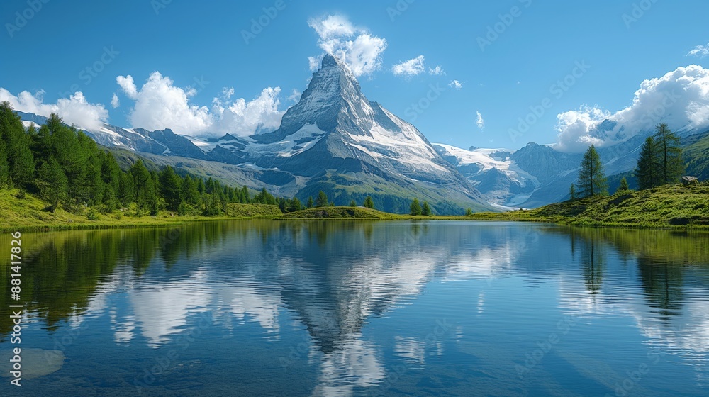 Majestic Matterhorn Reflection in Alpine Lake - Scenic Swiss Alps Panorama on a Sunny Day Majestic Matterhorn Reflection in Alpine Lake - Scenic Swiss Alps Panorama on a Sunny Day