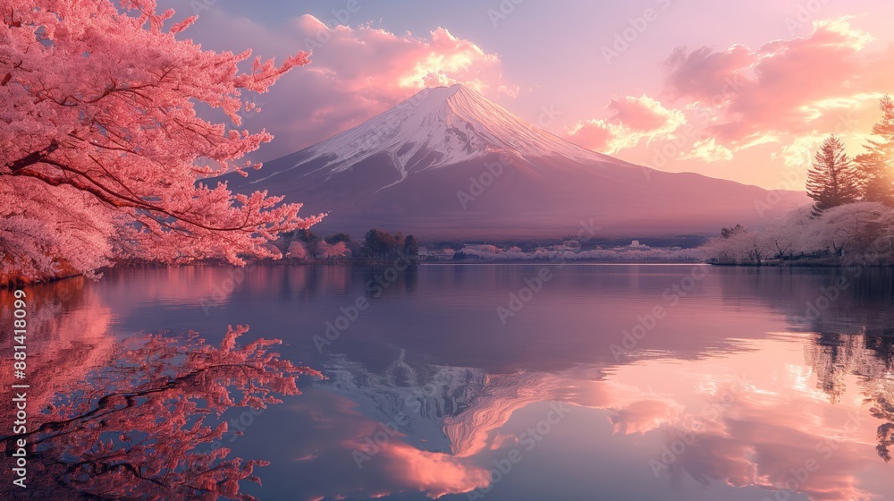 Serene Sunrise: Mount Fuji Reflection in Lake Kawaguchi with Cherry Blossoms in Full Bloom Serene Sunrise: Mount Fuji Reflection in Lake Kawaguchi with Cherry Blossoms in Full Bloom