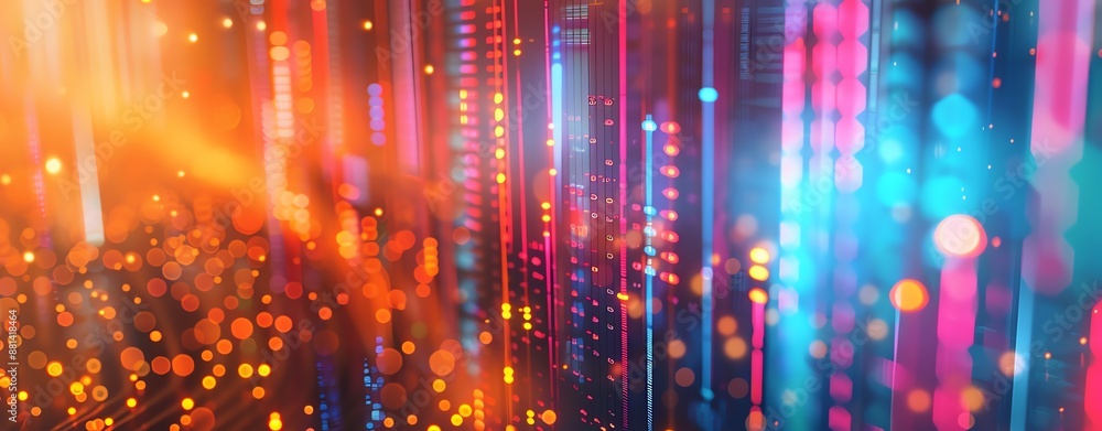 Obraz premium Colorful abstract light background with dynamic vibrant dots and lines creating a futuristic digital aesthetic in technology and communication.