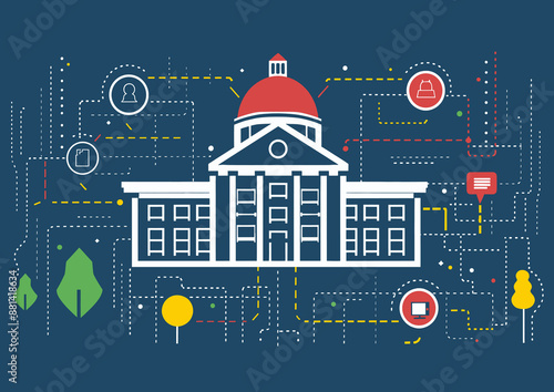 Modern Capitol building illustration with digital icons, blue background, network concept, contemporary design, high-quality print, civic architecture, technology theme, educational decor, innovative 