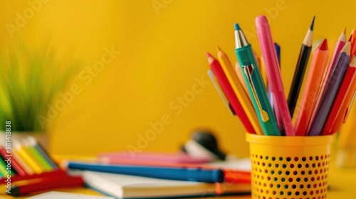 A collection of colorful pencils and pens in a yellow holder against a vibrant yellow background.