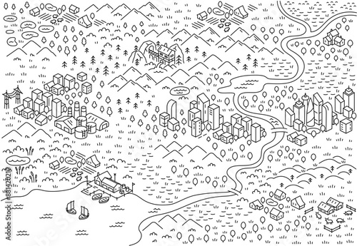 Vector Illustrations of isometry modern city. Area map sketch. Mountain river and village. Vector editable outline line stroke.