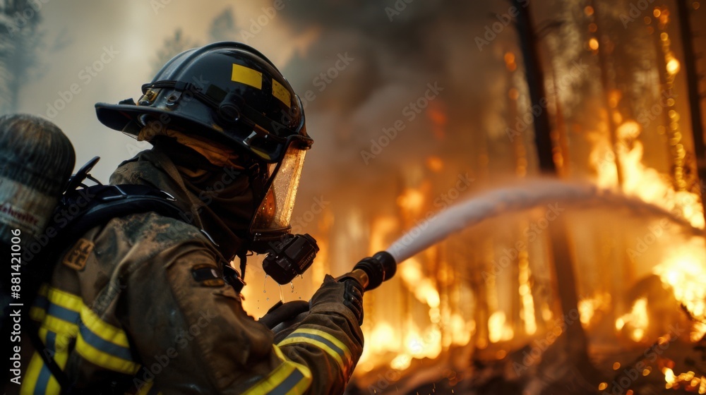 A brave firefighter in full gear sprays water from a hose onto raging flames engulfing a dense forest as smoke billows into the sky A brave firefighter in full gear sprays water from a hose onto raging flames engulfing a dense forest as smoke billows into the sky