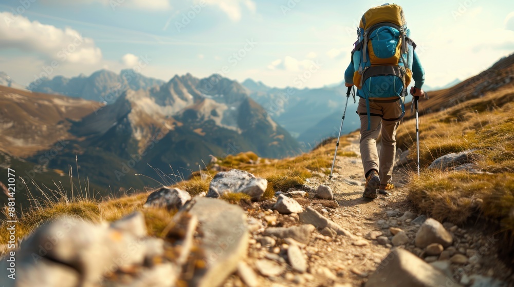 Obraz premium A hiker walking uphill on a mountain trail, with a clear view of the path ahead, as the hiker loses his backpack and looks visibly more relaxed and free
