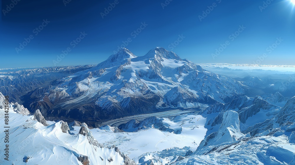Majestic Twin Peaks of Mount Elbrus - Panoramic View with Glaciers and Clear Blue Sky Majestic Twin Peaks of Mount Elbrus - Panoramic View with Glaciers and Clear Blue Sky