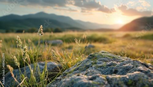 Tranquil Mountain Vista at Sunset Serene Landscape with Expansive Views and Golden Light, Peaceful Nature Scene, Quiet Terrain, Mountain Range, Meadow, Grass, Rocks, Sky, Clouds, Sunset, Golden Hour