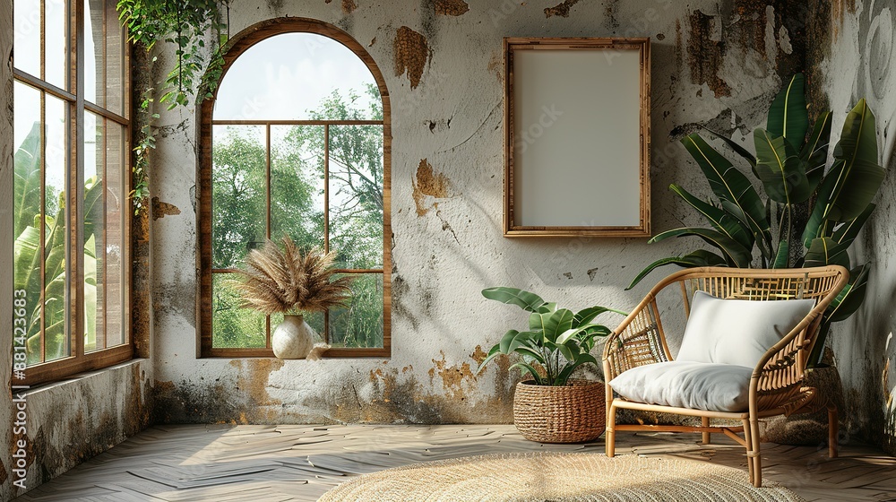 Naklejka premium Nomadic Style Interior: Minimalist Frame Mockup, 3D Visualization