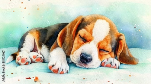 Adorable watercolor painting of a sleeping beagle puppy with a serene background, capturing the innocence and tranquility of the moment. photo