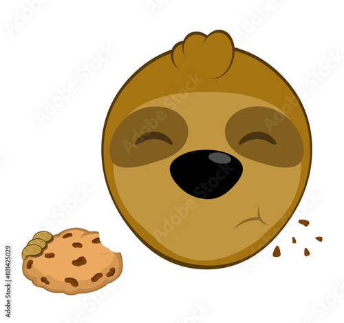 vector illustration face bear sloth character animal cartoon, eating food bakery cookie chocolate chips