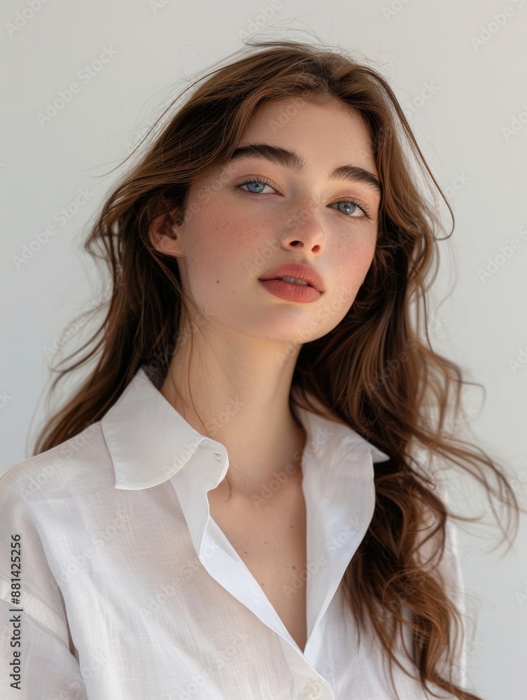 A woman with long hair wearing a white shirt A woman with long hair wearing a white shirt