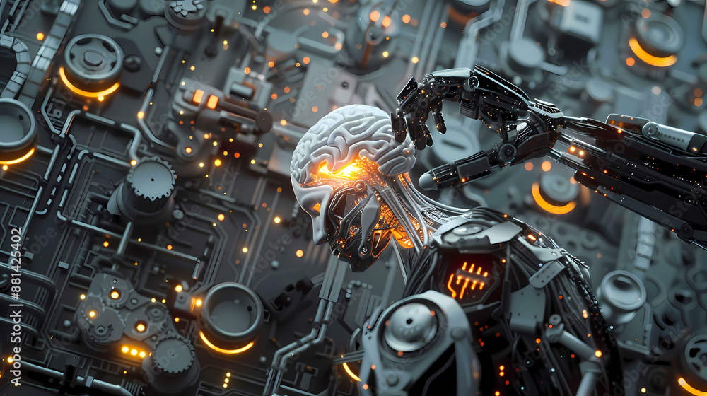 Fototapeta premium Robot using digital technology connection. 3D rendering on big data network connection background, Science and artificial intelligence technology.