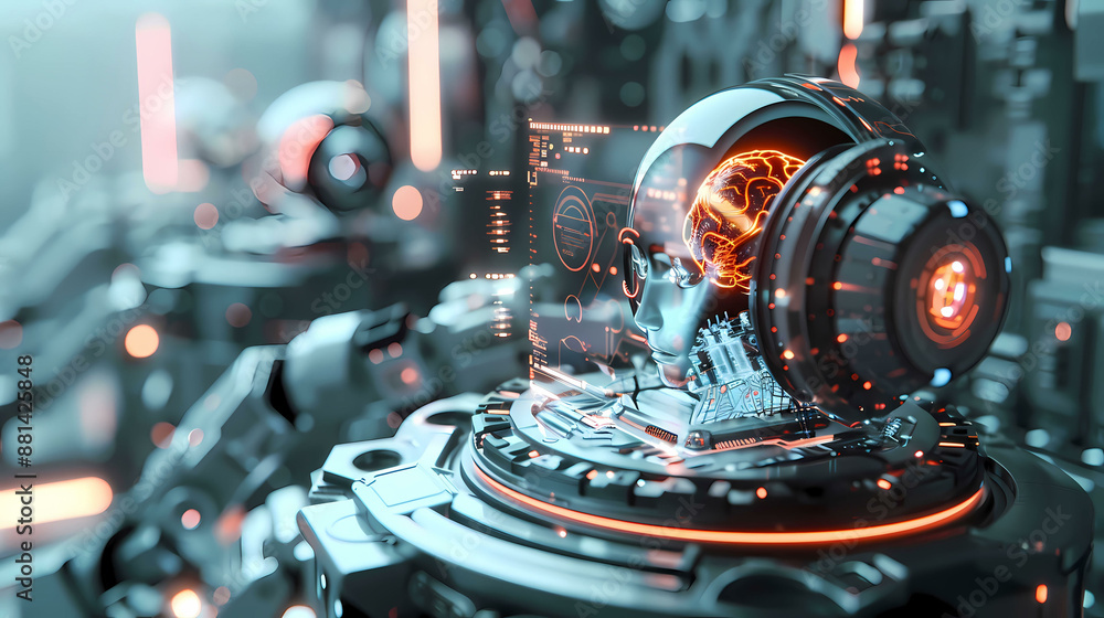 Fototapeta premium Robot arm using digital technology connection. 3D rendering connection background, Science and artificial intelligence technology.